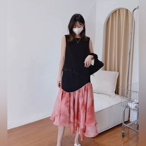 Sleeveless Black Top with Pink Watercolor Tiered Skirt